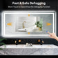 Bathroom setting with a mirror showing de-fogging functionality, hand touching control panel.