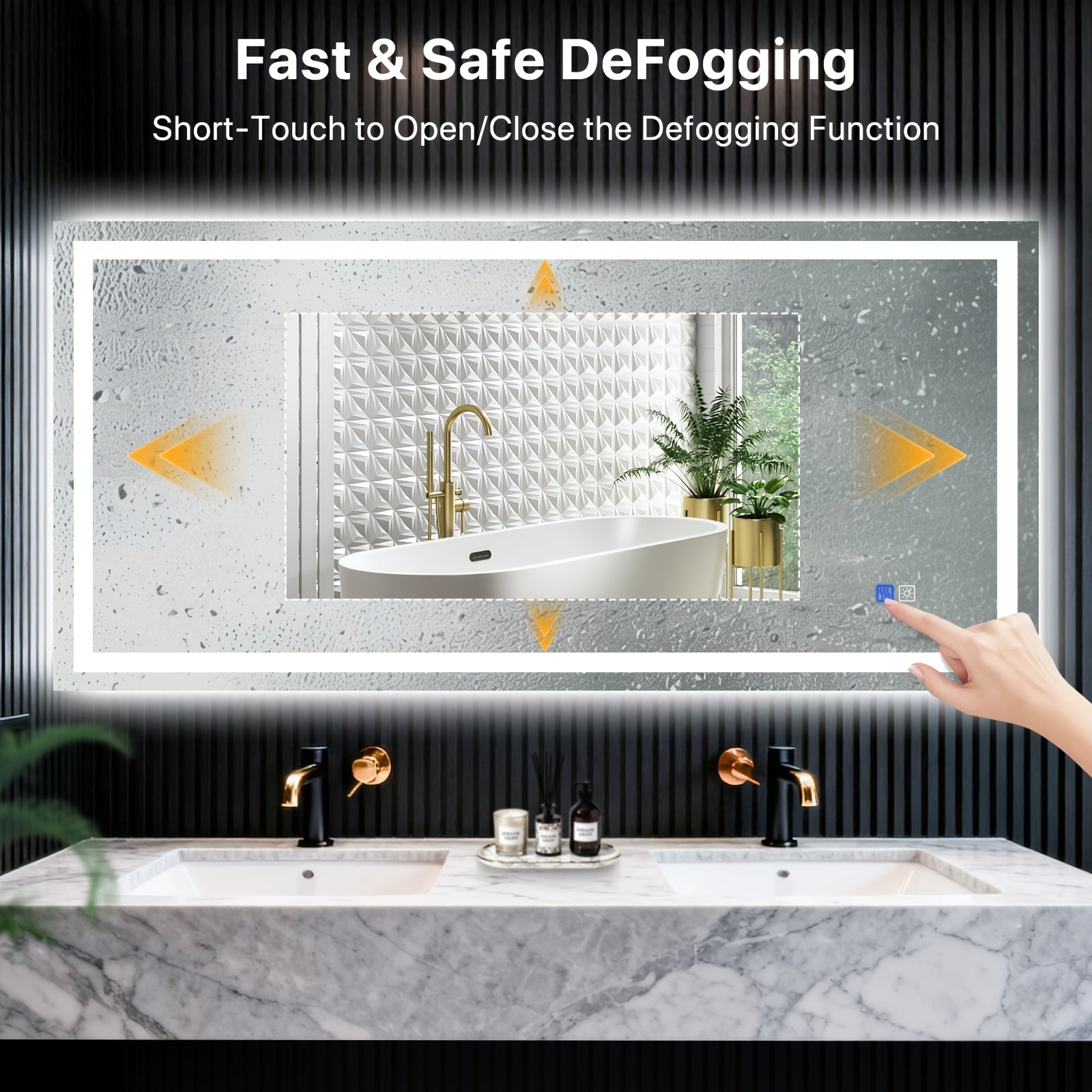 Bathroom setting with a mirror showing de-fogging functionality, hand touching control panel.