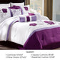 Purple and white floral bedding set on a bed with dimensions displayed.
