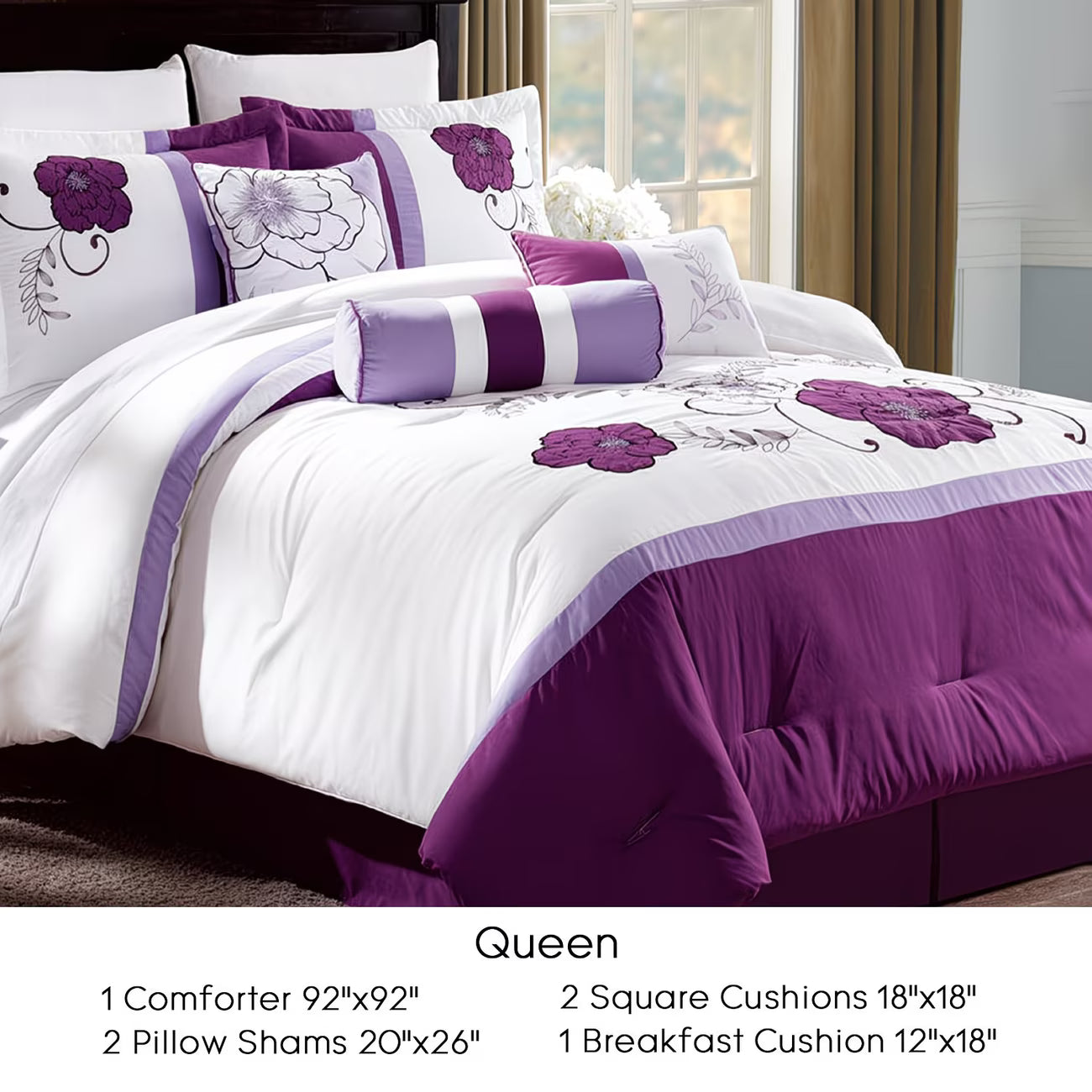 Purple and white floral bedding set on a bed with dimensions displayed.