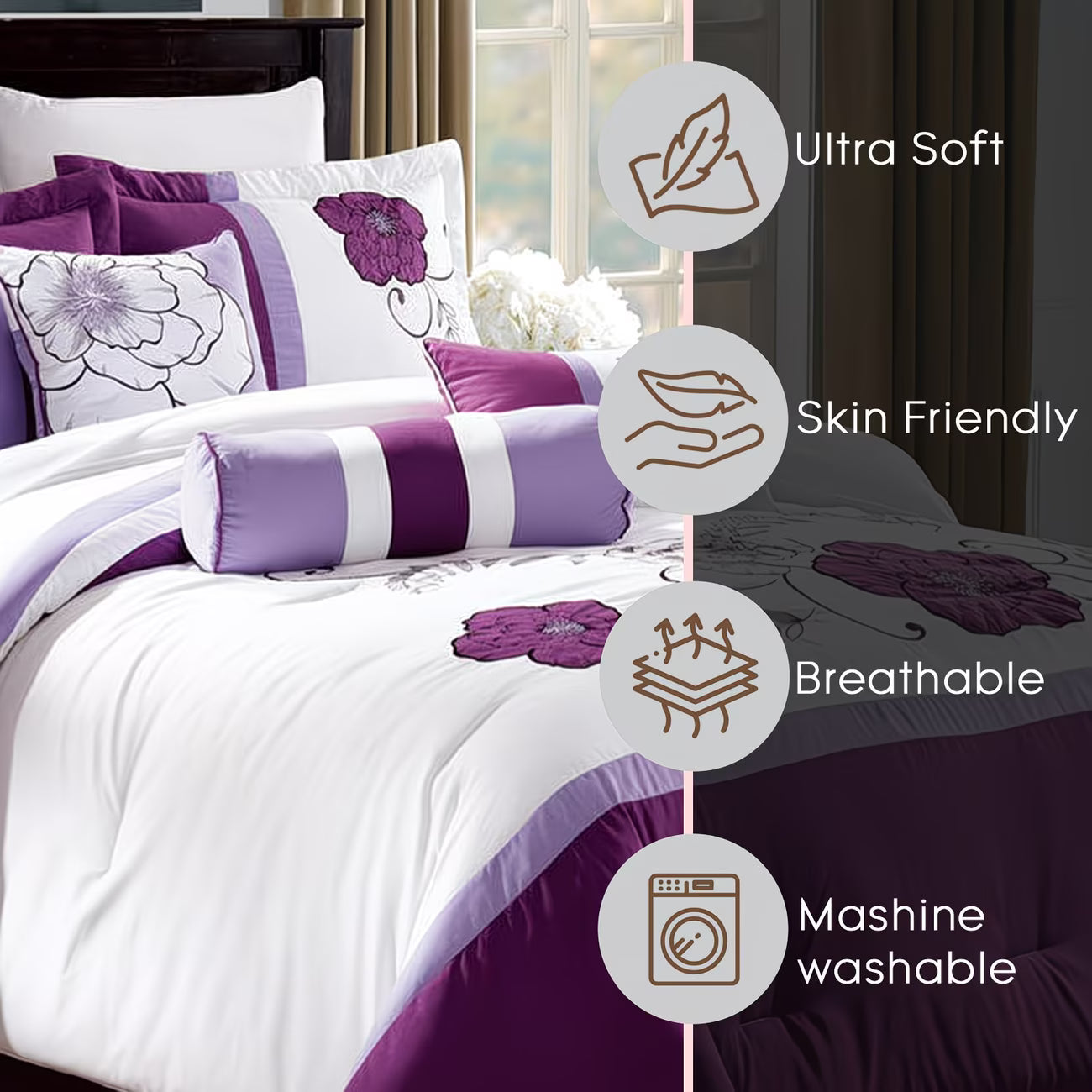 Purple and white floral bedding set with features highlighted on a bed.