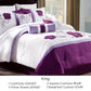 Purple and white floral bedding set on a bed with dimensions displayed.