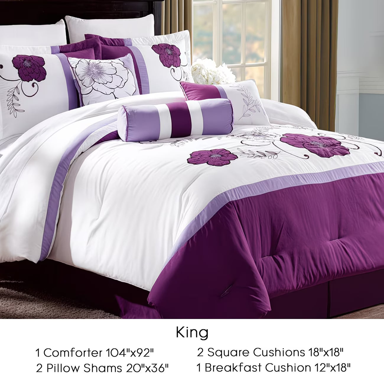 Purple and white floral bedding set on a bed with dimensions displayed.