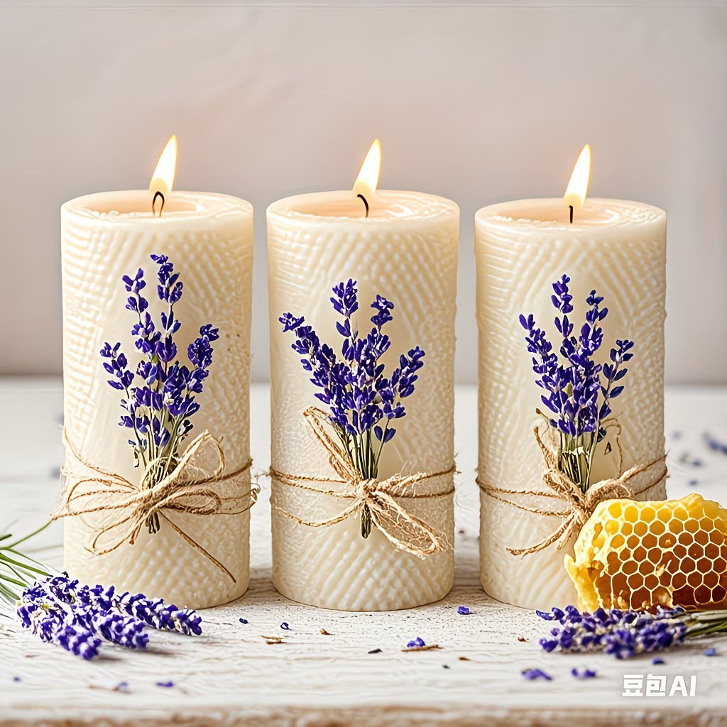 Three lit candles with lavender designs on a wooden surface.
