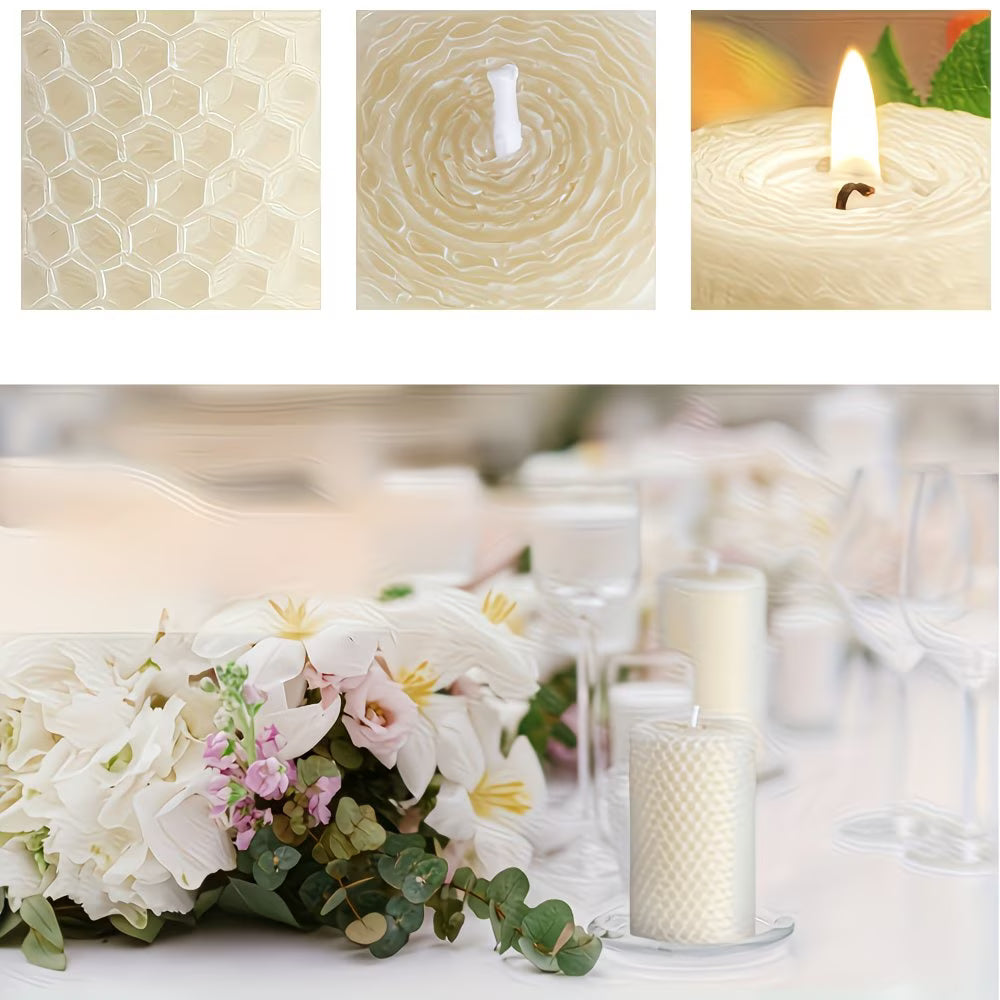 Collage of a textured candle, close-up of a wick, lit candle, and a floral arrangement with a candle.