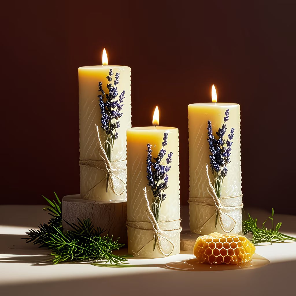 Three lit candles with lavender and honeycomb on a dark background