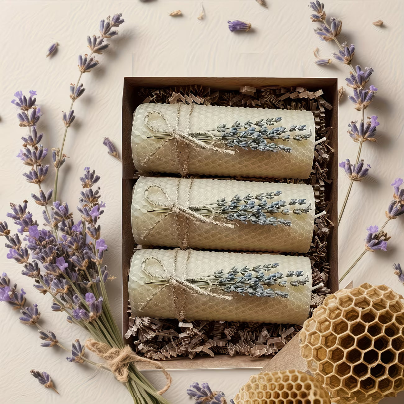 Three rolled-up items in a box with lavender flowers and a honeycomb on a light background