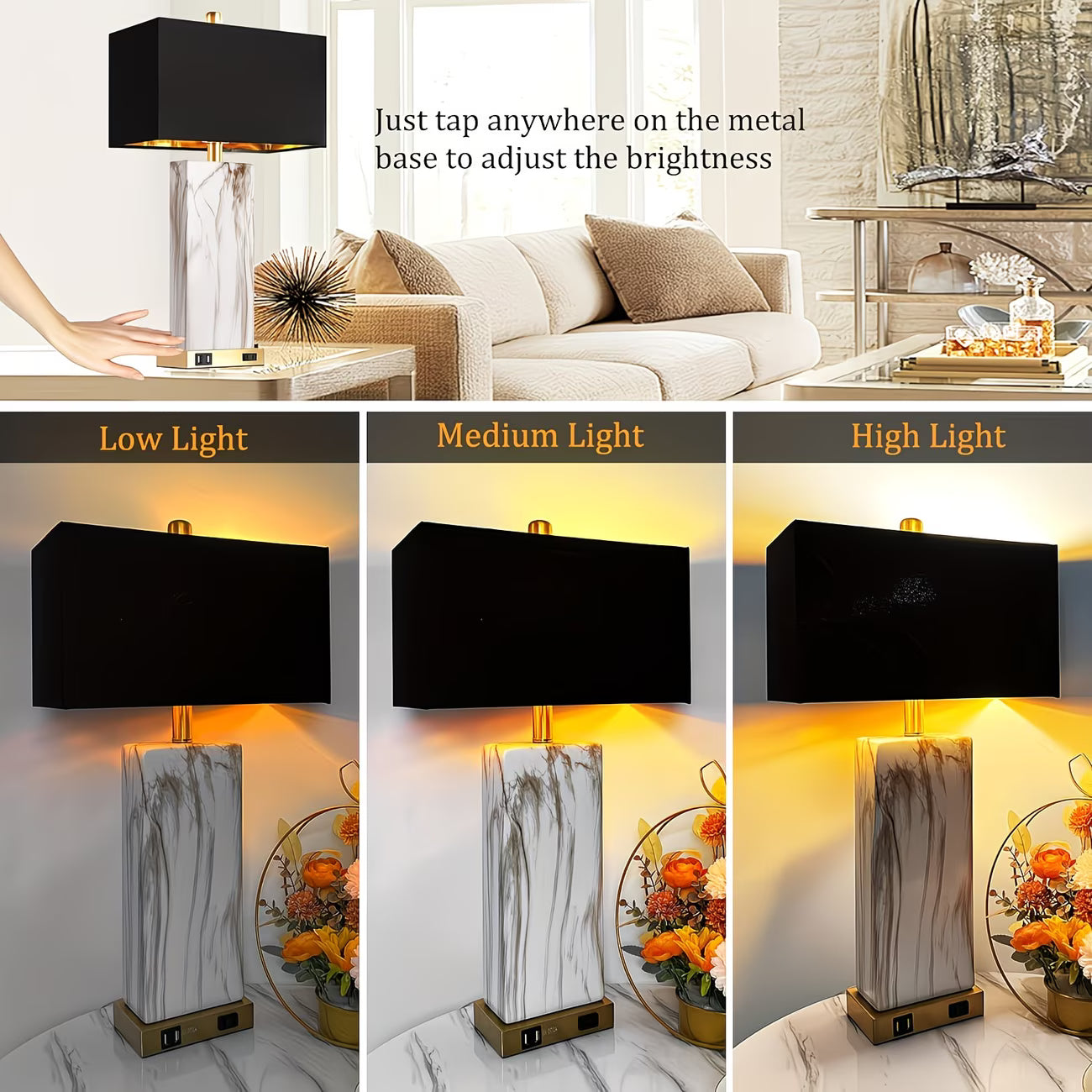 Black table lamp with marble base in a living room setting, showing brightness adjustment.