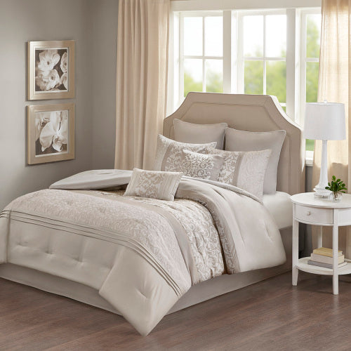 Neatly made bed with decorative pillows in a well-lit bedroom.