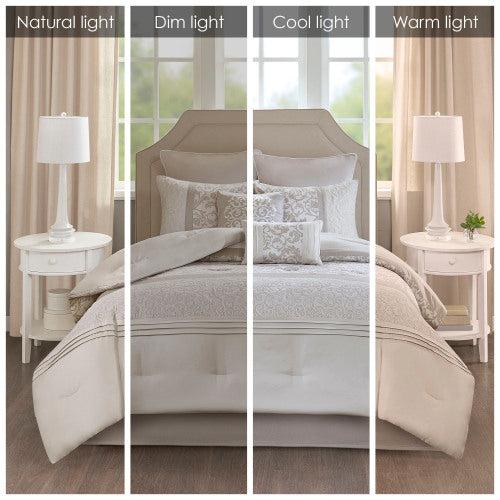 Bedroom scene with a bed and lamp under different lighting conditions.