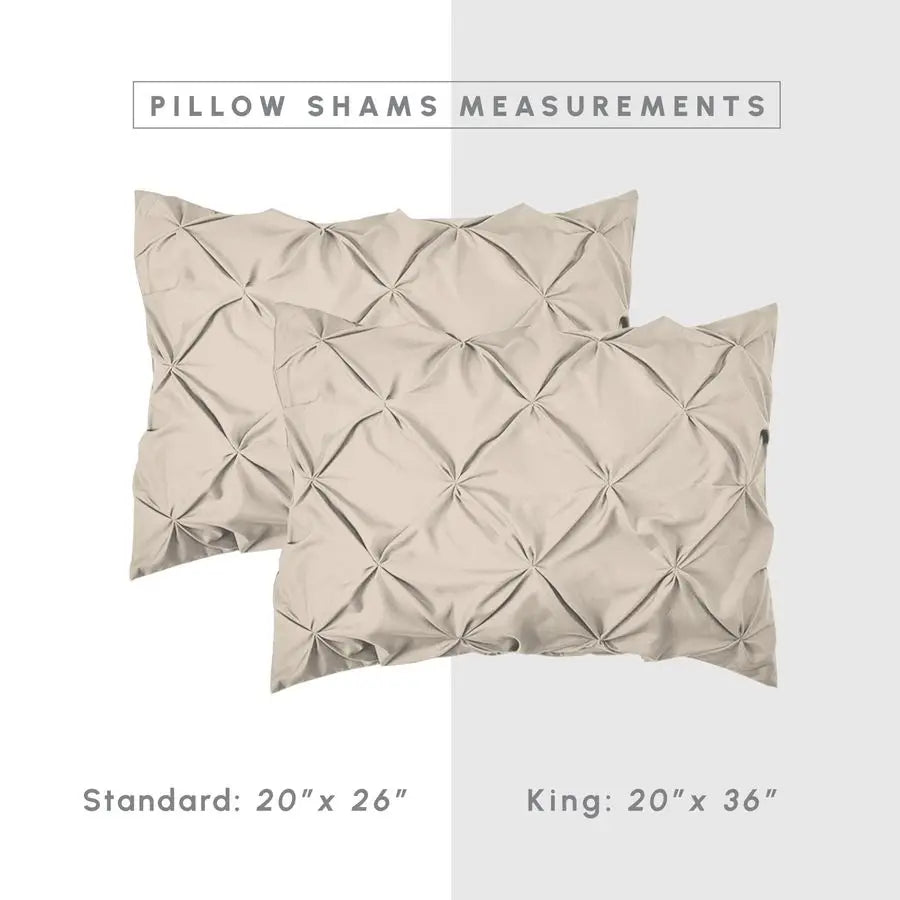 Beige pillow shams with measurements labeled on a white background