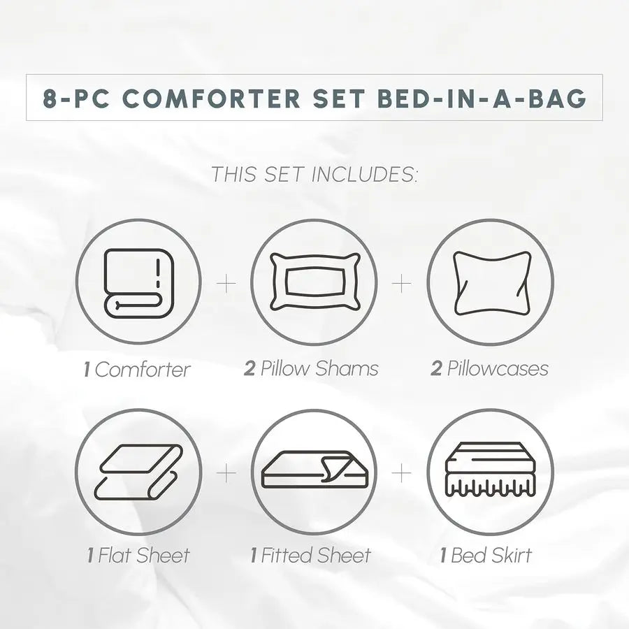 8-piece comforter set bed-in-a-bag with icons and text on a white background