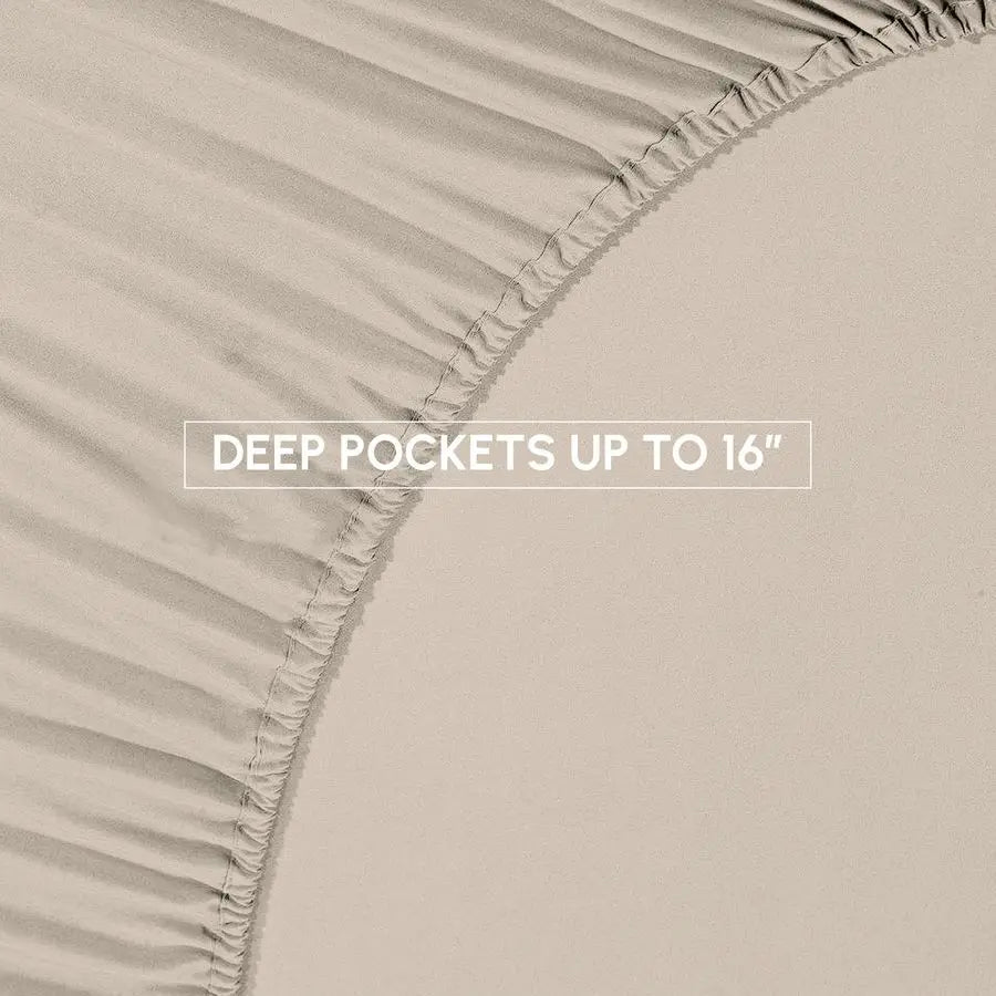 Beige fitted sheet with text 'DEEP POCKETS UP TO 16”' on a beige background