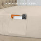 Beige fabric with a pocket holding a phone, wallet, and remote control, with text 'Smart pockets on both sides'.