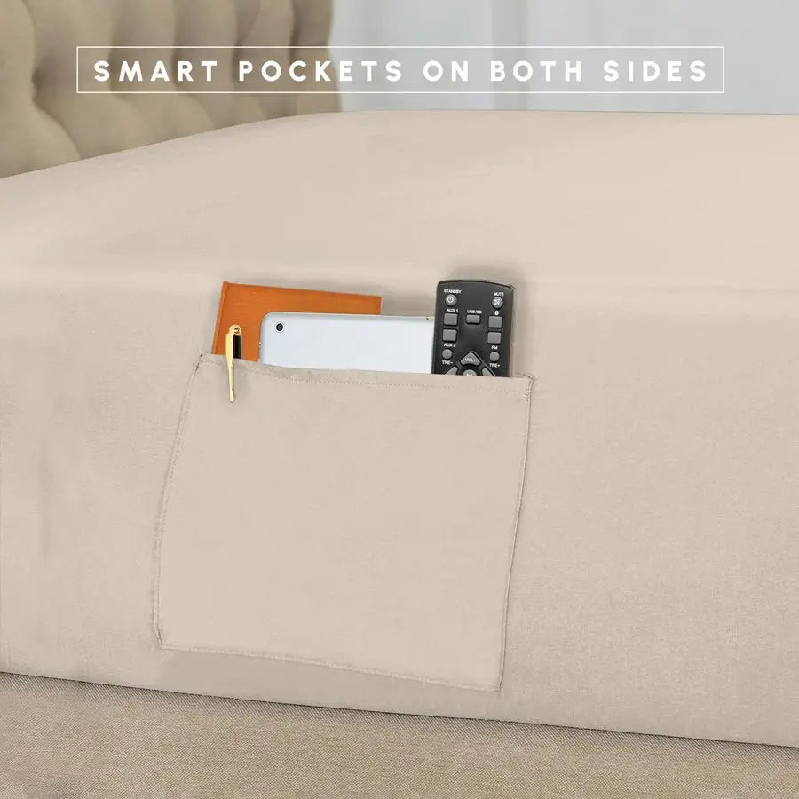Beige fabric with a pocket holding a phone, wallet, and remote control, with text 'Smart pockets on both sides'.