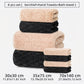 Set of towels including a kerchief, hand towels, and bath towel with dimensions displayed.