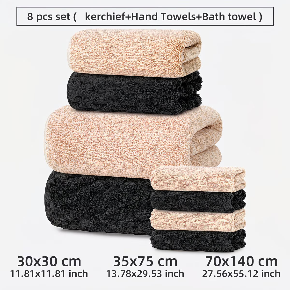 Set of towels including a kerchief, hand towels, and bath towel with dimensions displayed.