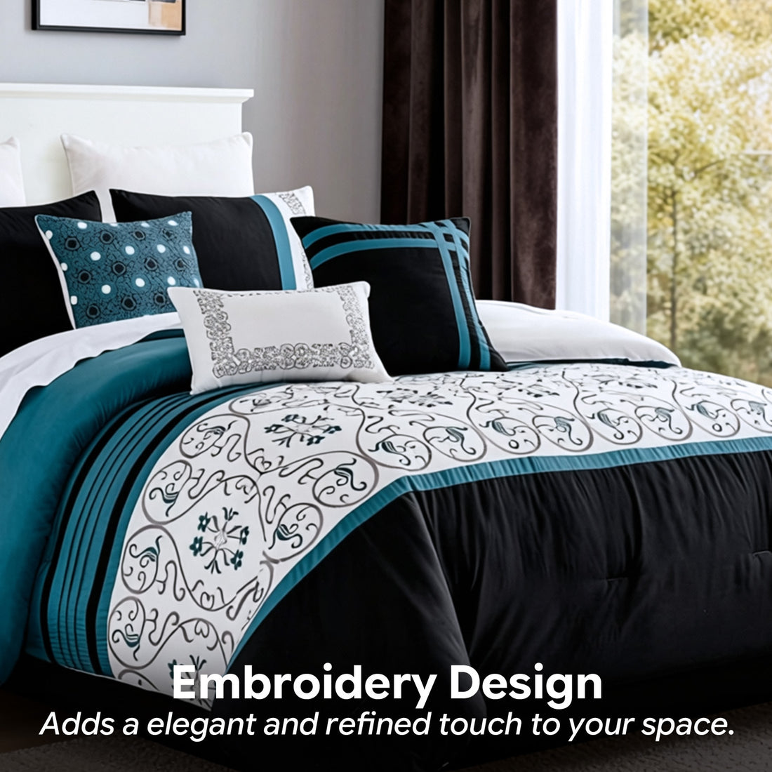 Bedding set with embroidery design in a bedroom setting