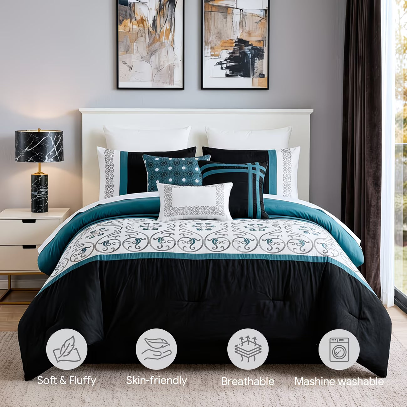 Bedroom with black and blue bedding set, abstract art on the wall, and a lamp.