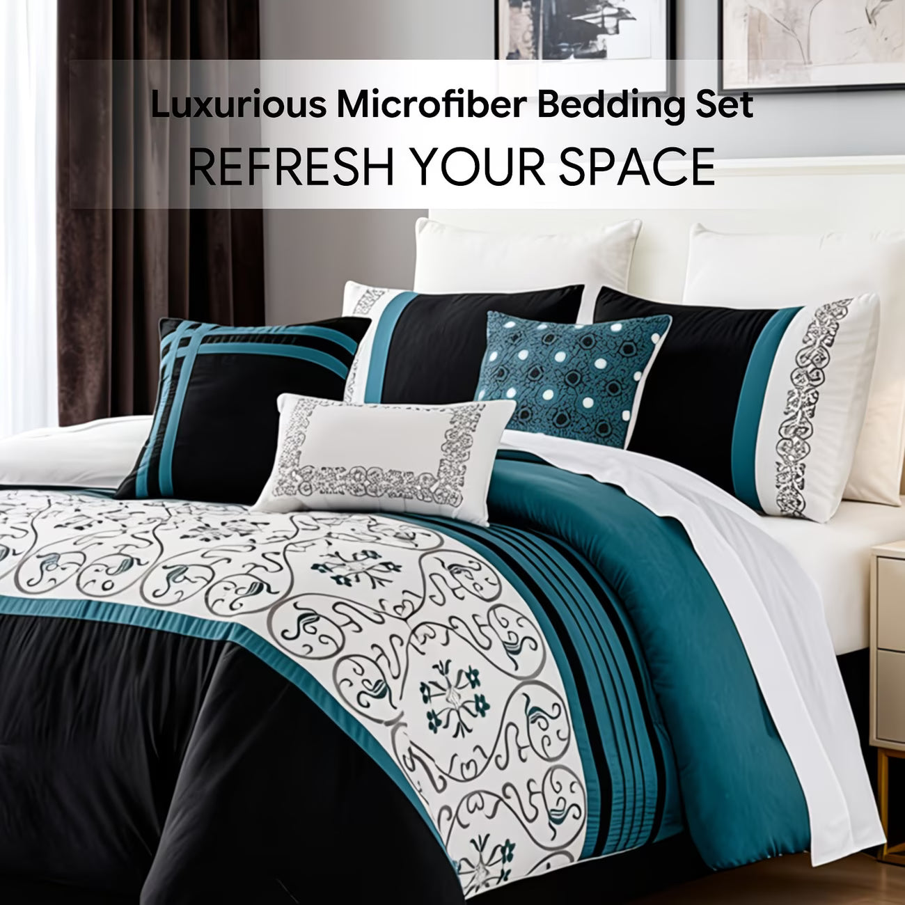 Luxurious microfiber bedding set with decorative pillows on a bed, featuring text 'Luxurious Microfiber Bedding Set' and 'Refresh Your Space'.