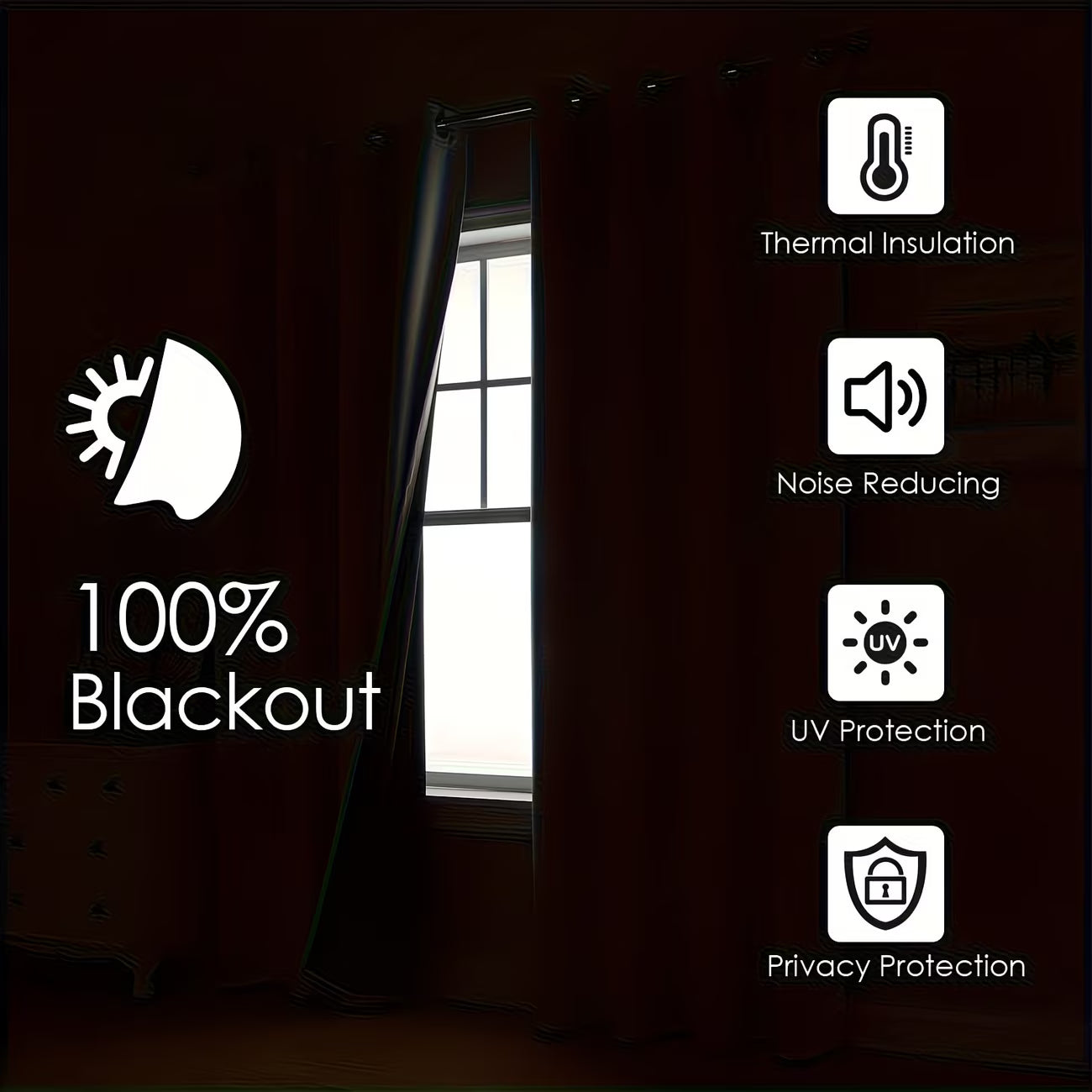 Blackout curtain with features listed on a dark background