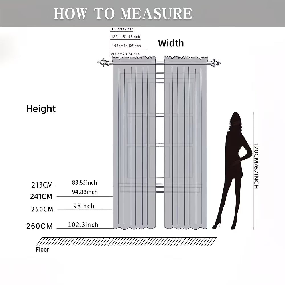 Measurement chart for curtains with a silhouette of a person for scale.