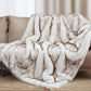 Fluffy beige blanket draped over a sofa in a living room setting.