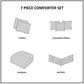 Diagram of a 7-piece comforter set with shams, decorative pillows, a comforter, and bed skirt.