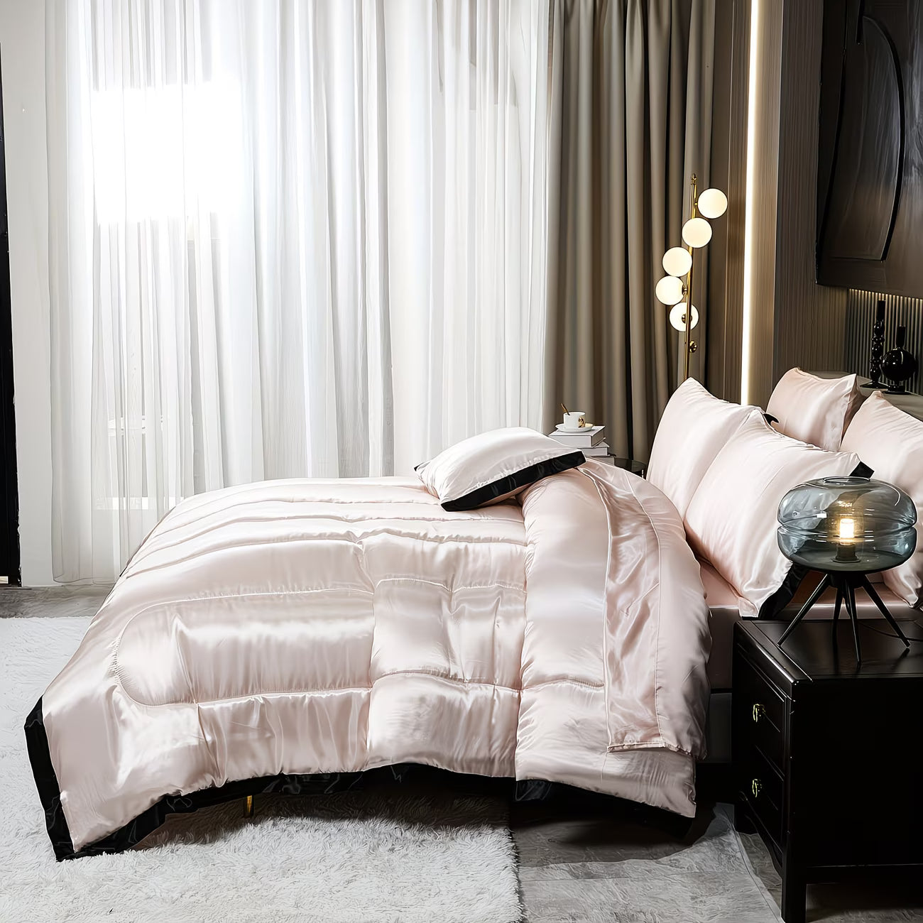 Neatly made bed with white comforter in a modern bedroom setting.