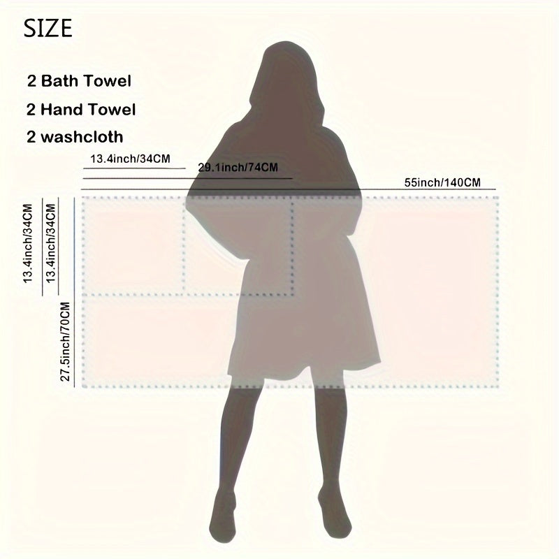 Measurement chart showing towel and washcloth sizes with a silhouette of a person for reference.