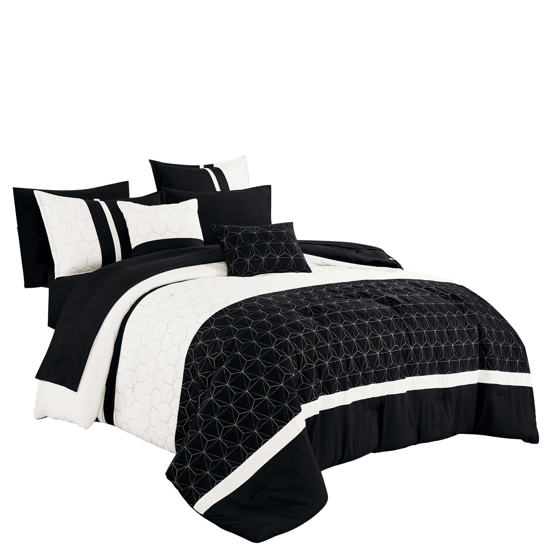 Black and white bedding set with geometric patterns on a white background