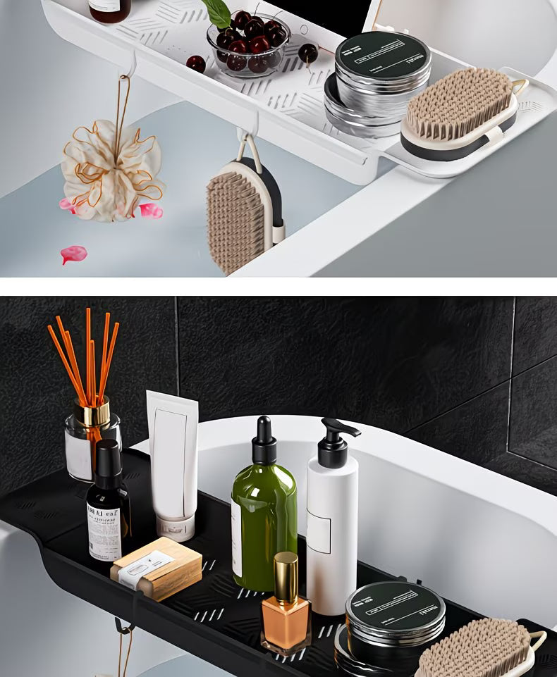 Bathroom shelf with various toiletries and decorative items on a white and black tiled wall background.