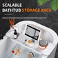 Bathtub storage rack with various items on a dark wooden floor background