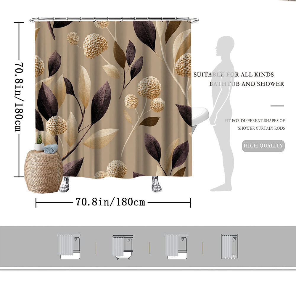 Shower curtain with floral design and measurements on a white background