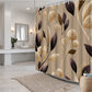 Bathroom with a floral shower curtain featuring beige, brown, and gold leaves.