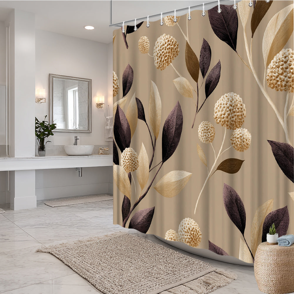 Bathroom with a floral shower curtain featuring beige, brown, and gold leaves.