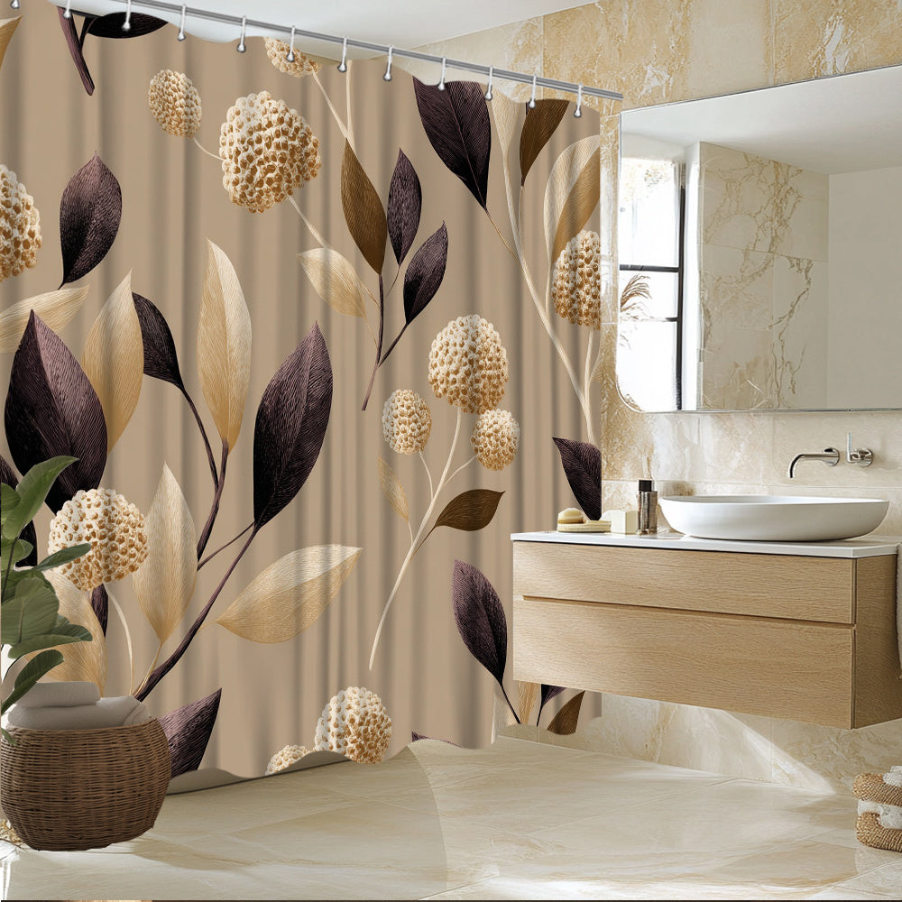 Bathroom with a decorative shower curtain featuring leaves and flowers, a sink, and mirror.