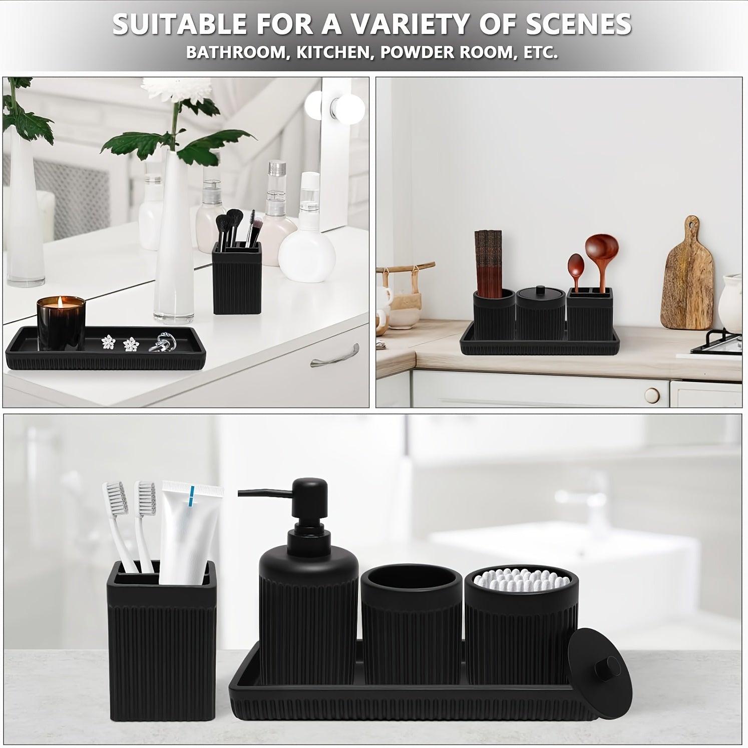 Black bathroom accessories set suitable for various scenes including bathroom, kitchen, and powder room.