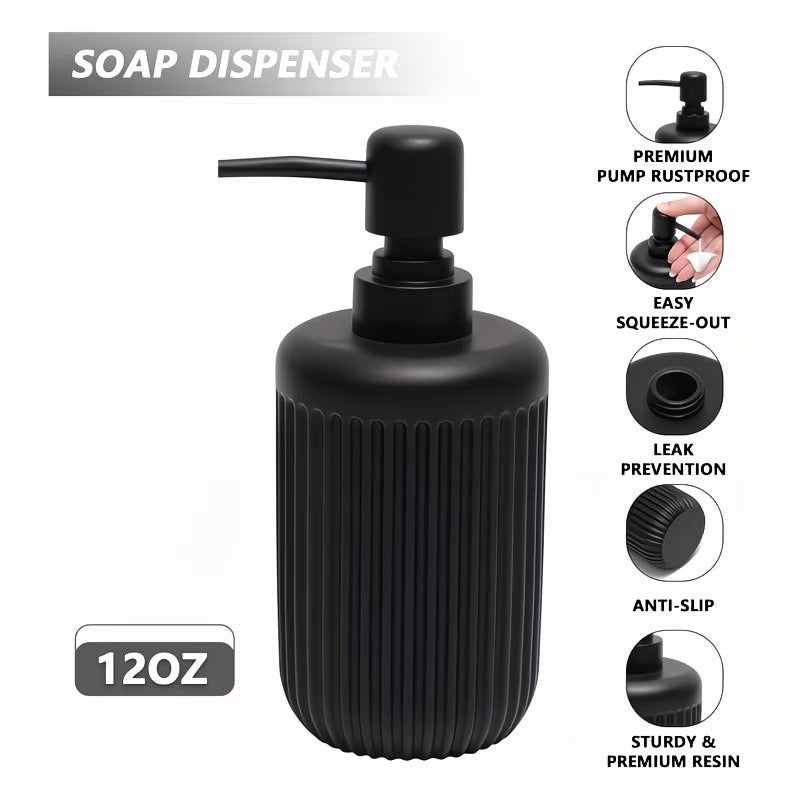 Black soap dispenser with features highlighted on a white background