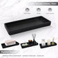 Black multifunctional tray with various items on a white surface