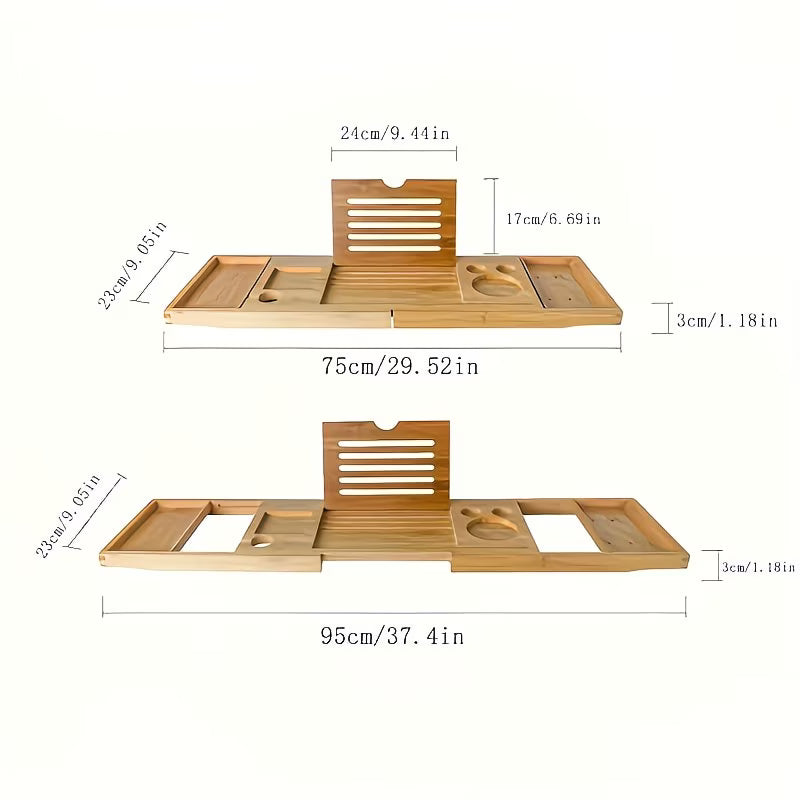 Wooden bathtub tray with dimensions on a white background