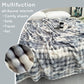 Fluffy blanket on a bed with text highlighting its multifunctional use.