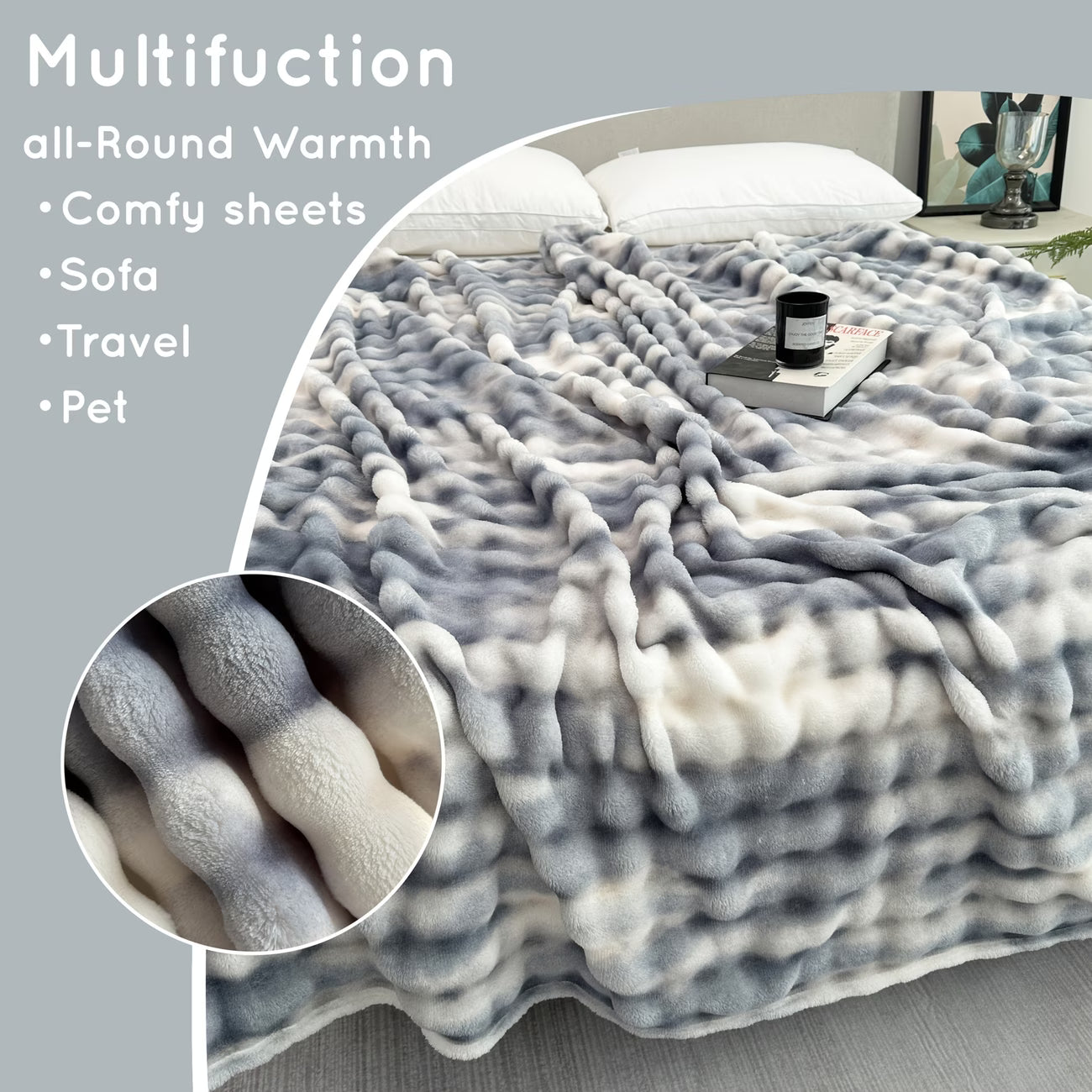 Fluffy blanket on a bed with text highlighting its multifunctional use.