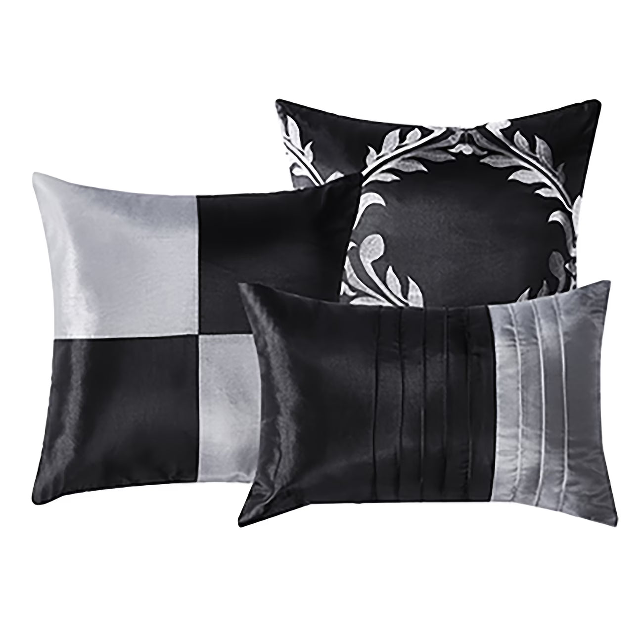 Three satin pillows with different patterns on a white background