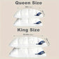 Comparison of queen and king size pillows with measurements on a beige background