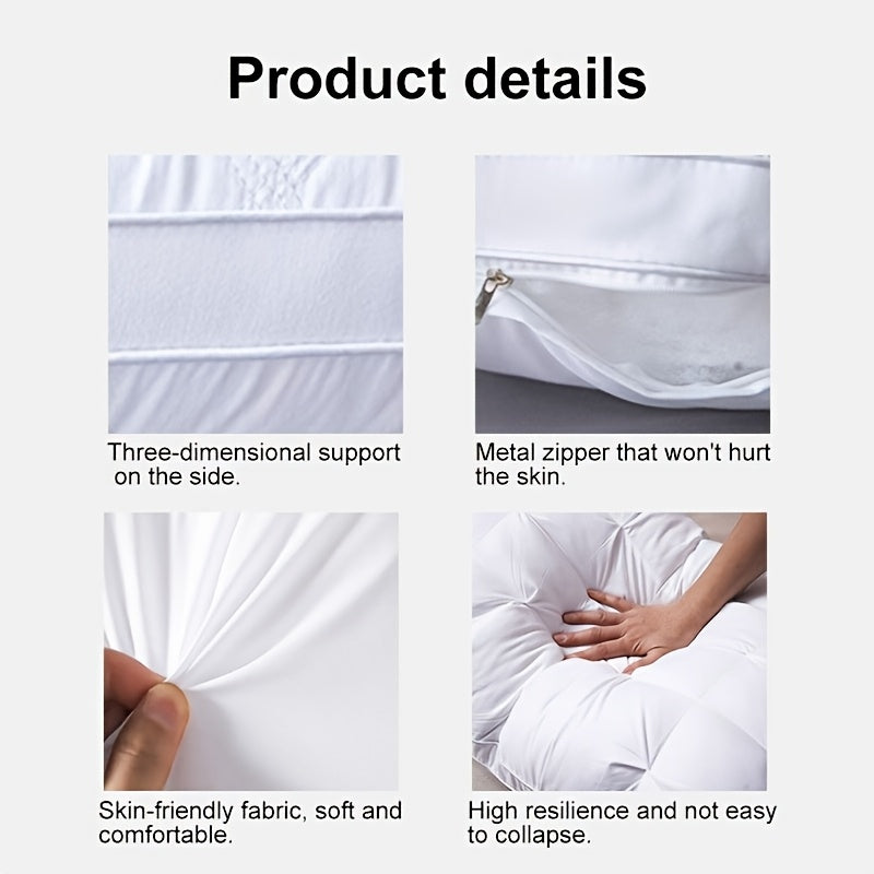 Product details of a white pillow with text highlighting features like three-dimensional support, metal zipper, skin-friendly fabric, and resilience.