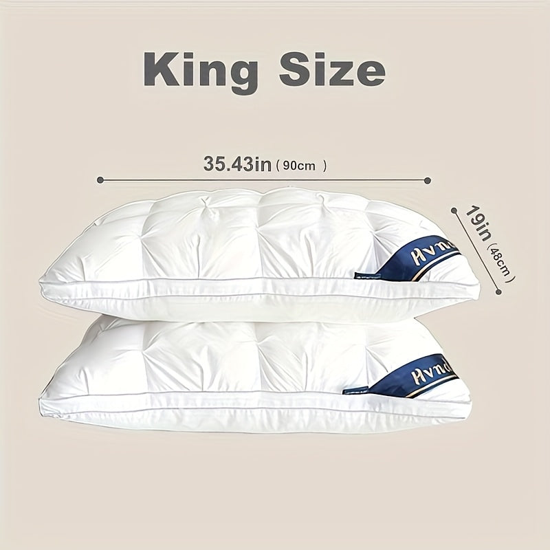 Two king-sized pillows with dimensions on a beige background