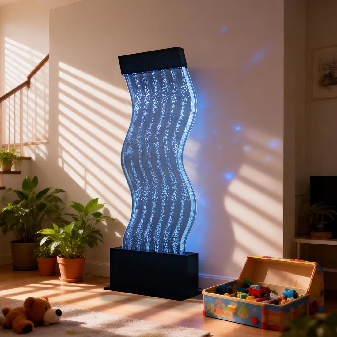 Wavy water feature in a room with toys and plants