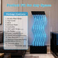 Futuristic water fountain with LED lights in a living room setting, showing package contents and dimensions.