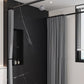 Modern bathroom with black marble wall, gray curtain, and window with blinds.